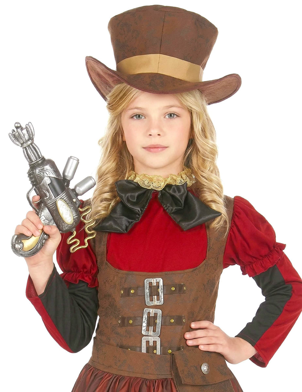 Lähikuva steampunk-luksusnaamiaisasun yläosasta ja hatusta