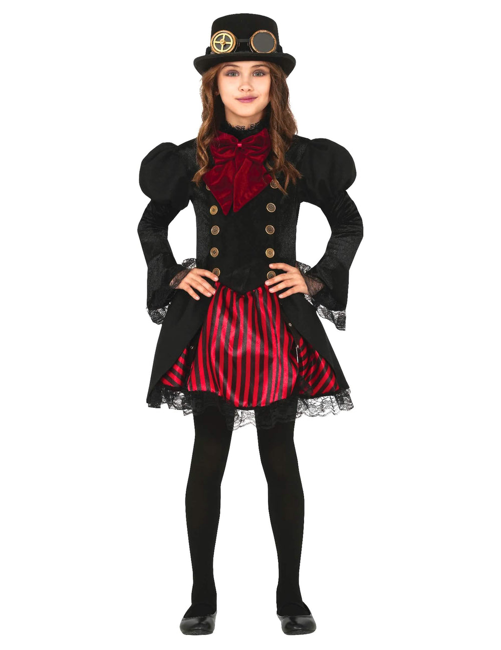 Déguisement Steampunk rouge glamour pour fille noir et rouge avec chapeau haut-de-forme