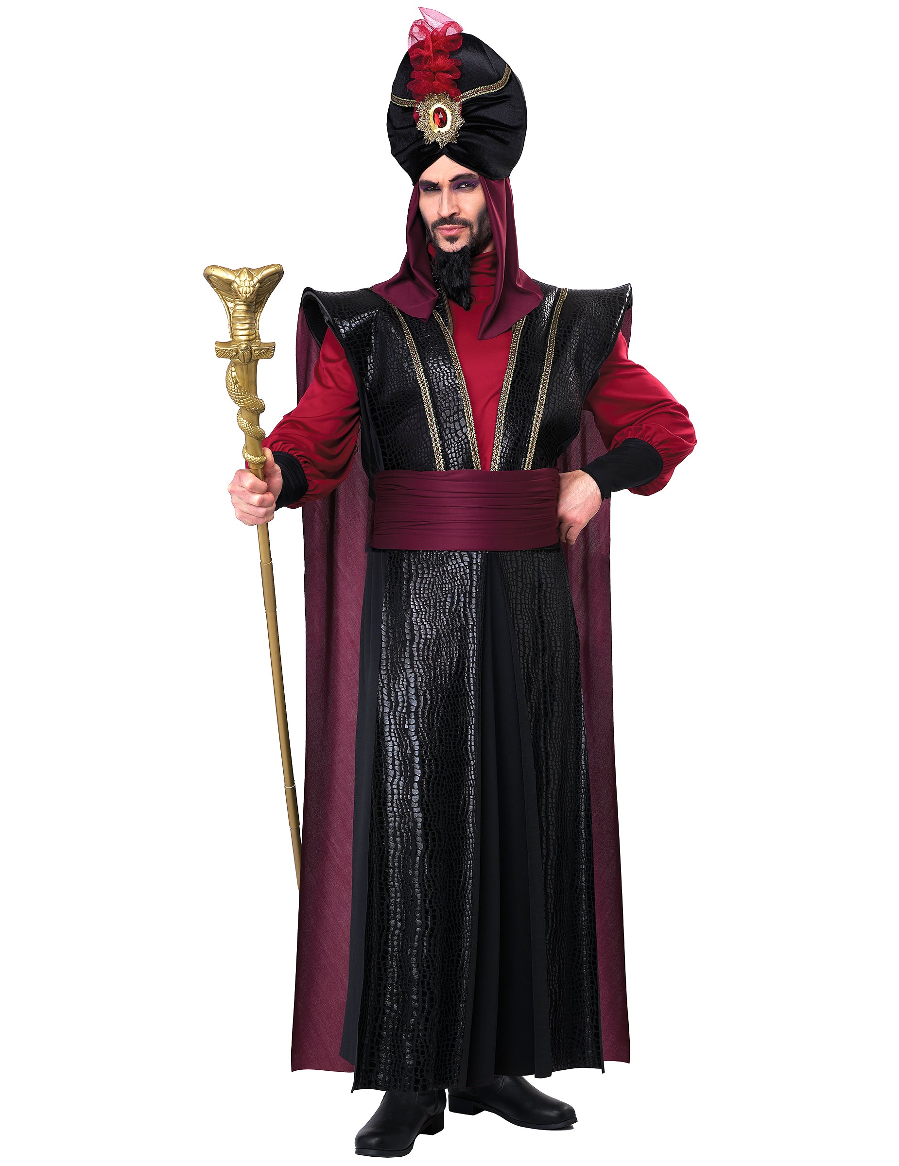 Déguisement de sultan du mal luxe pour homme noir et bordeaux avec turban et sceptre serpent