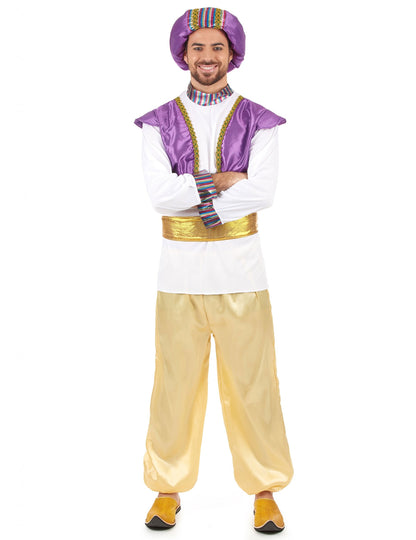 Déguisement de sultan pour homme violet blanc et doré avec turban