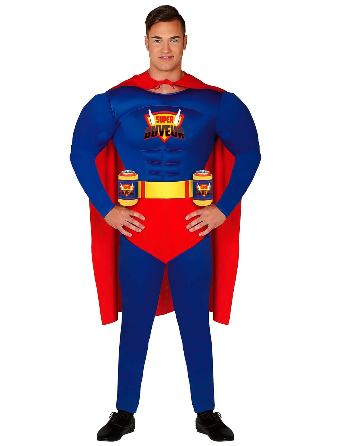 Déguisement Super Buveur pour adulte bleu et rouge avec cape et porte-canettes