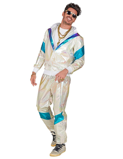 Déguisement survêtement holographique pour adulte blanc et bleu