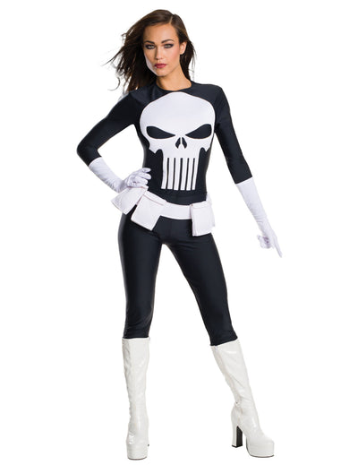 Déguisement The Punisher pour femme noir et blanc avec logo tête de mort
