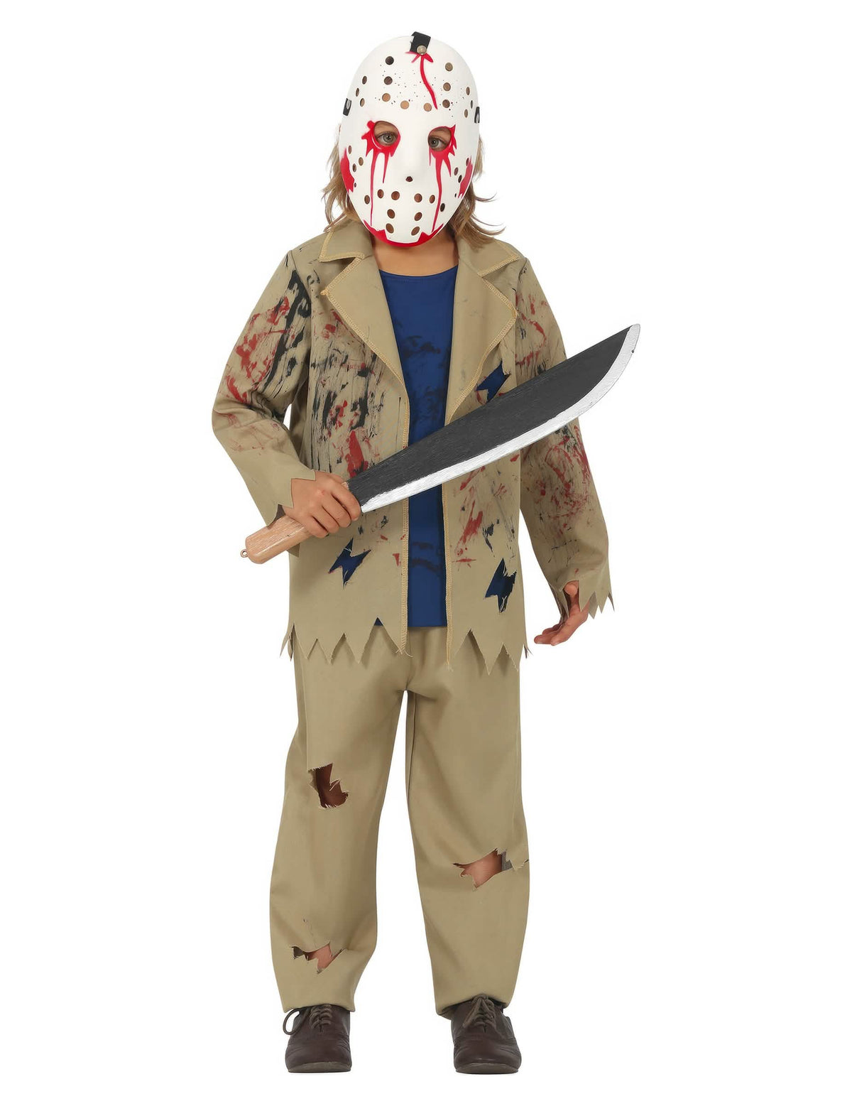 Machetemurhaajat-poikien beigen verinen naamiaisasu maskilla ja machetella