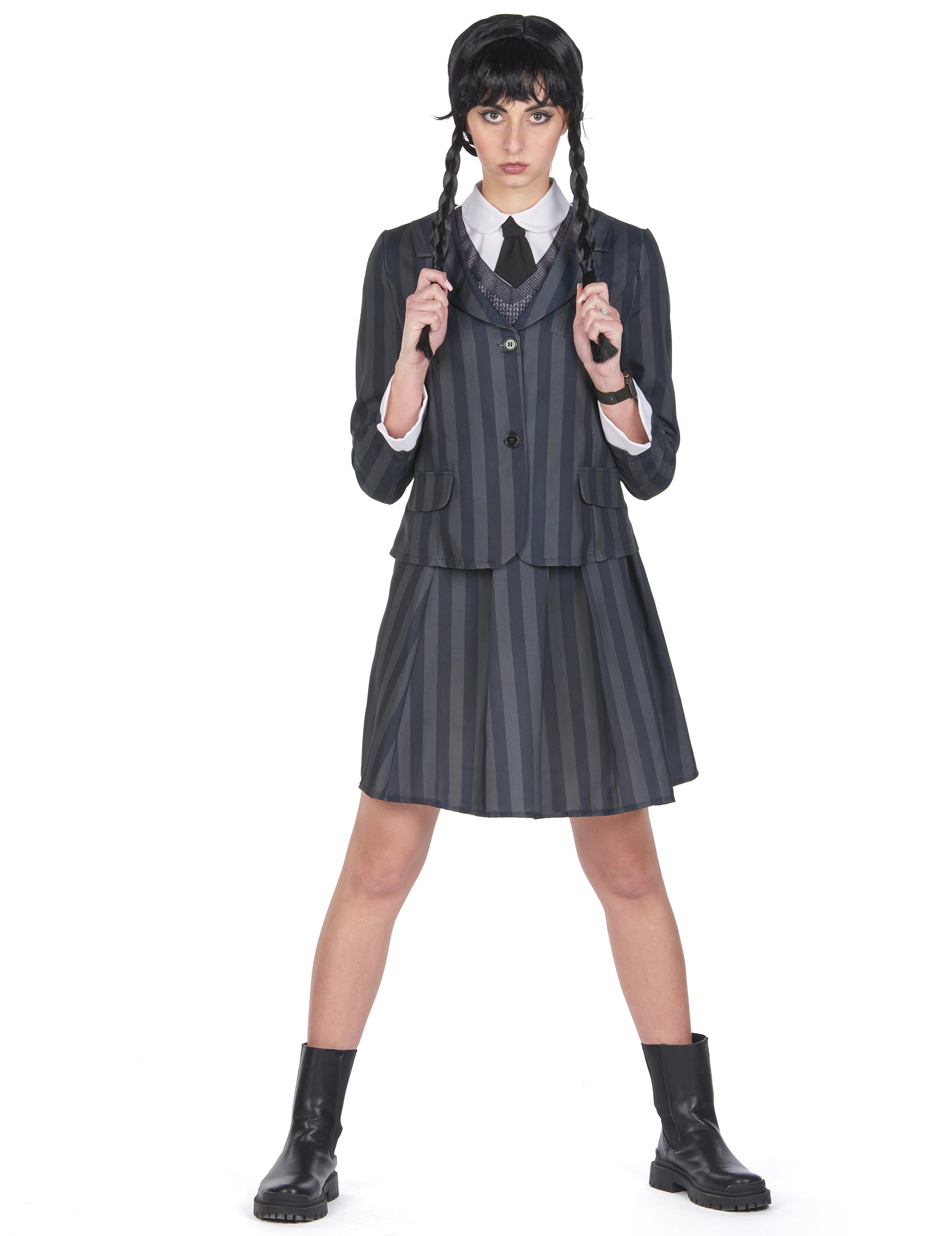 Déguisement uniforme scolaire gothique pour femme gris et noir à rayures