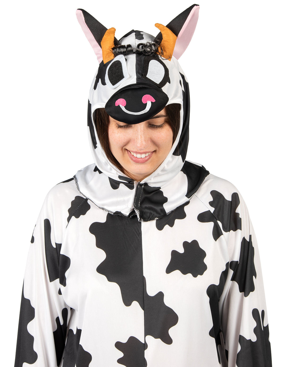 Détail de la tête de vache sur la capuche du déguisement de vache pour adulte