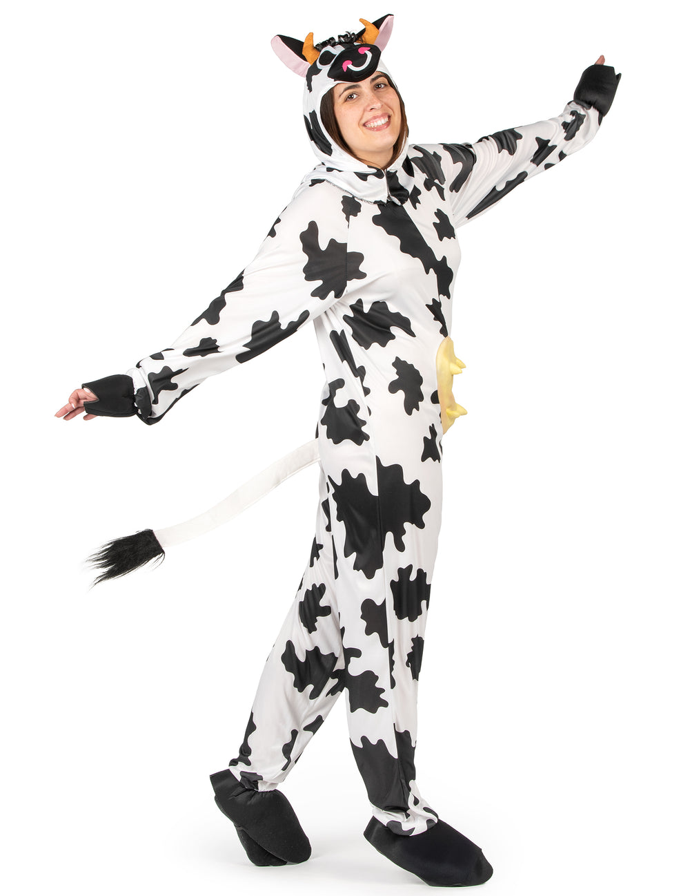 Vue de profil montrant la queue du déguisement de vache pour adulte