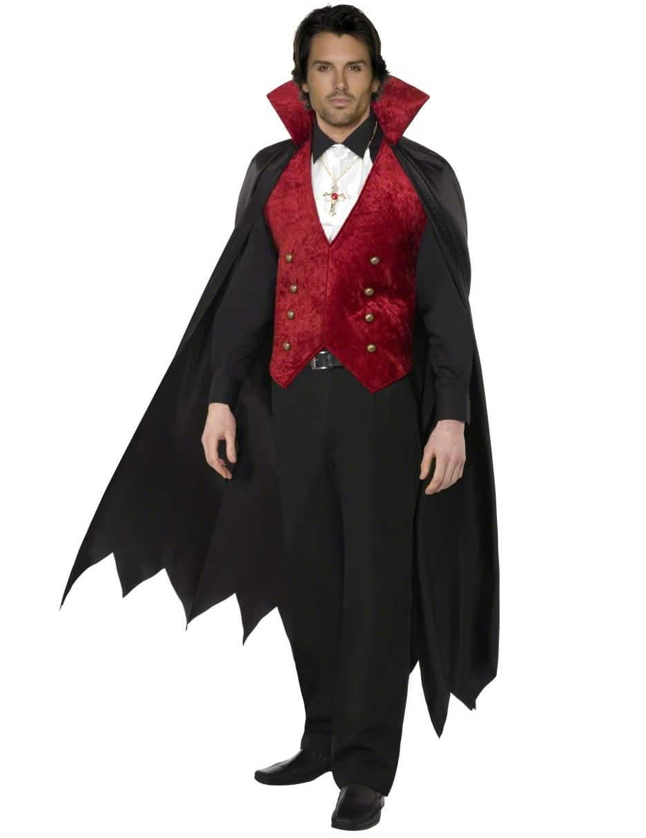 Vampyyriasu viitalla miehille, musta ja punainen, samettisella liivillä