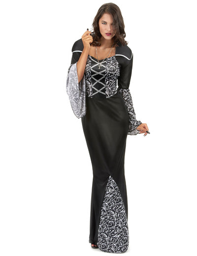 Déguisement de vampire pour femme noir à motifs baroques argentés