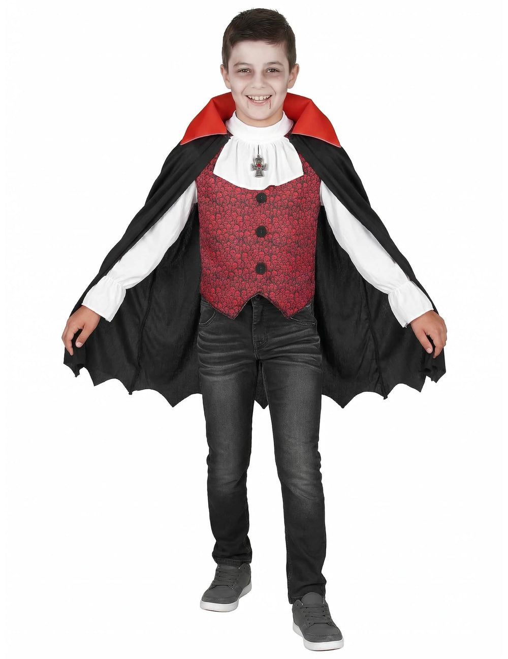 Poikien punainen ja musta vampyyriasu viitalla ja korkealla kauluksella