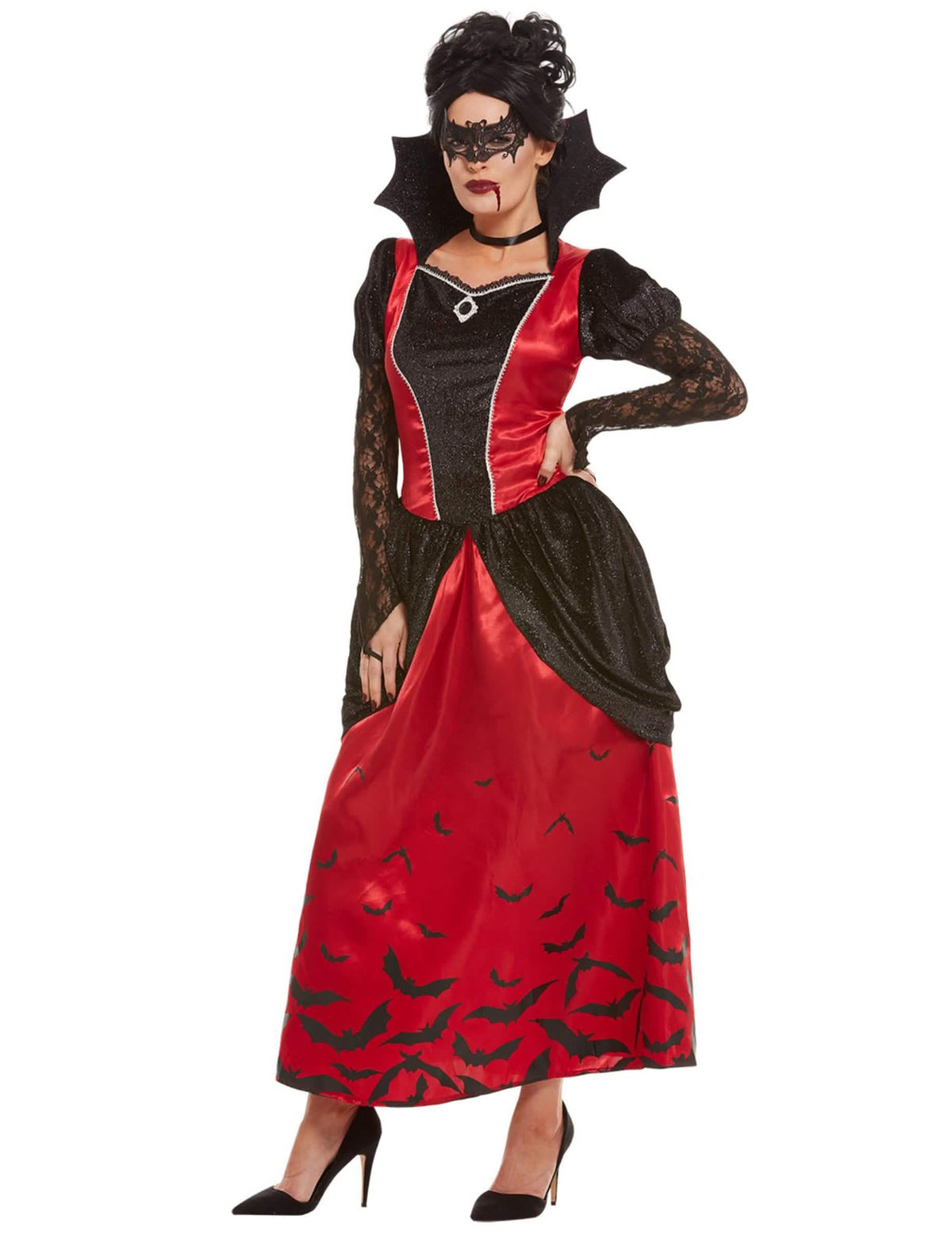 Vue de face du déguisement de vampire gothique masquée pour femme