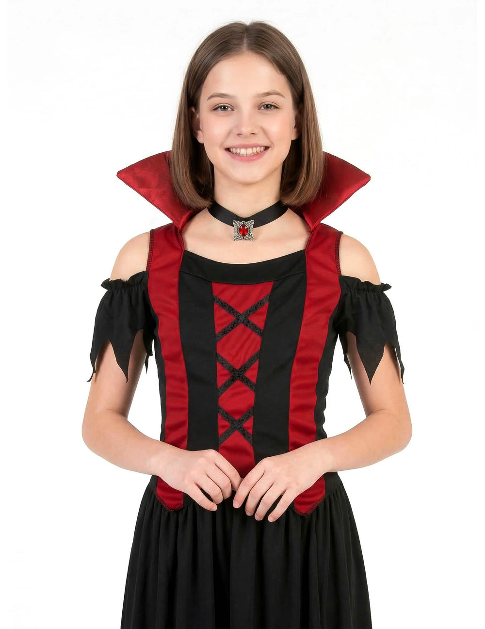 Lähikuva vampyyriasun kauluksesta ja yläosasta tytöt