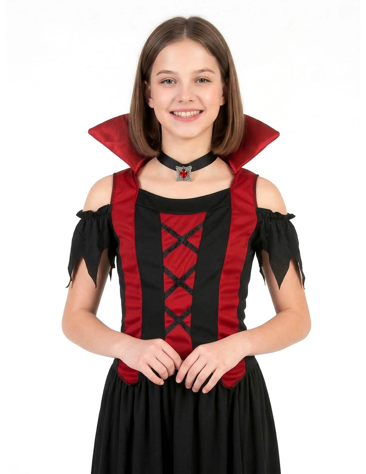 Lähikuva vampyyriasun kauluksesta ja yläosasta tytöt