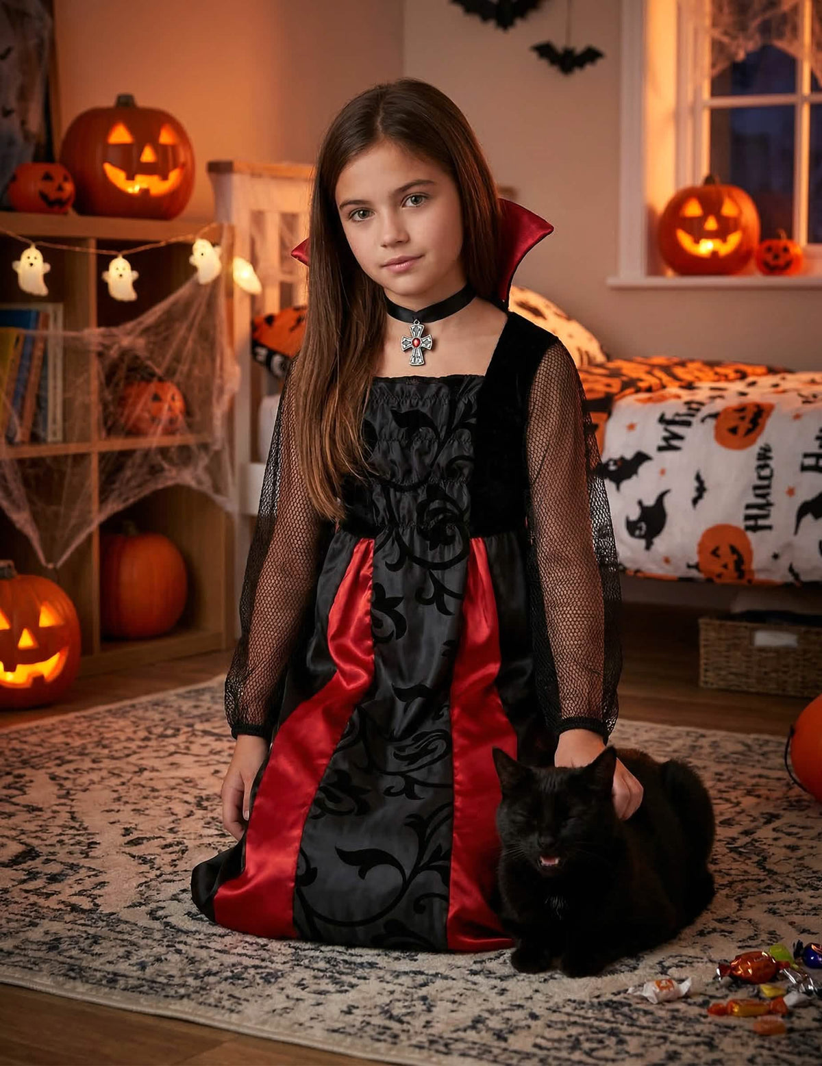 Halloween-sisustuksessa satiininen vampyyri-naamiaisasu tytöt varten