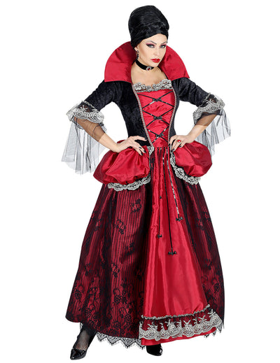 Déguisement de vampiresse duchesse pour femme rouge et noir avec dentelle
