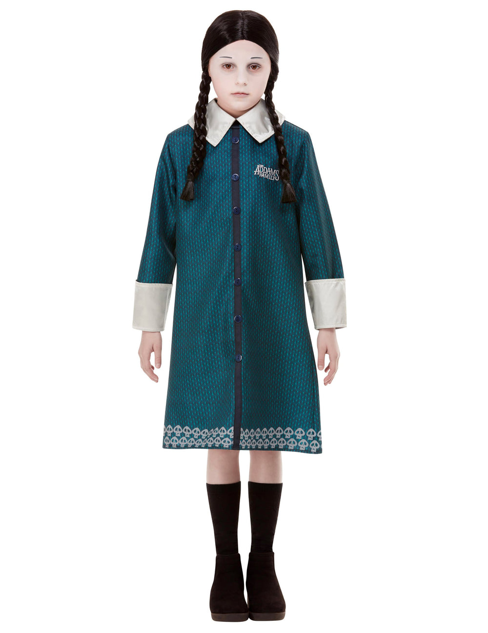 Déguisement Wednesday Famille Addams pour fille bleu canard avec col blanc et motifs de crânes