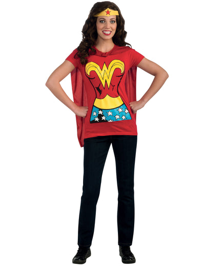 T-shirt Wonder Woman pour adulte rouge avec cape et bandeau doré