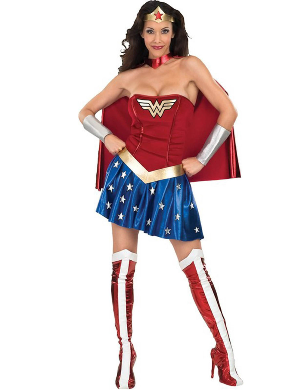 Klassinen Wonder Woman -naamiaisasu naisille, punainen ja sininen, jossa on viitta ja kultainen tiaara