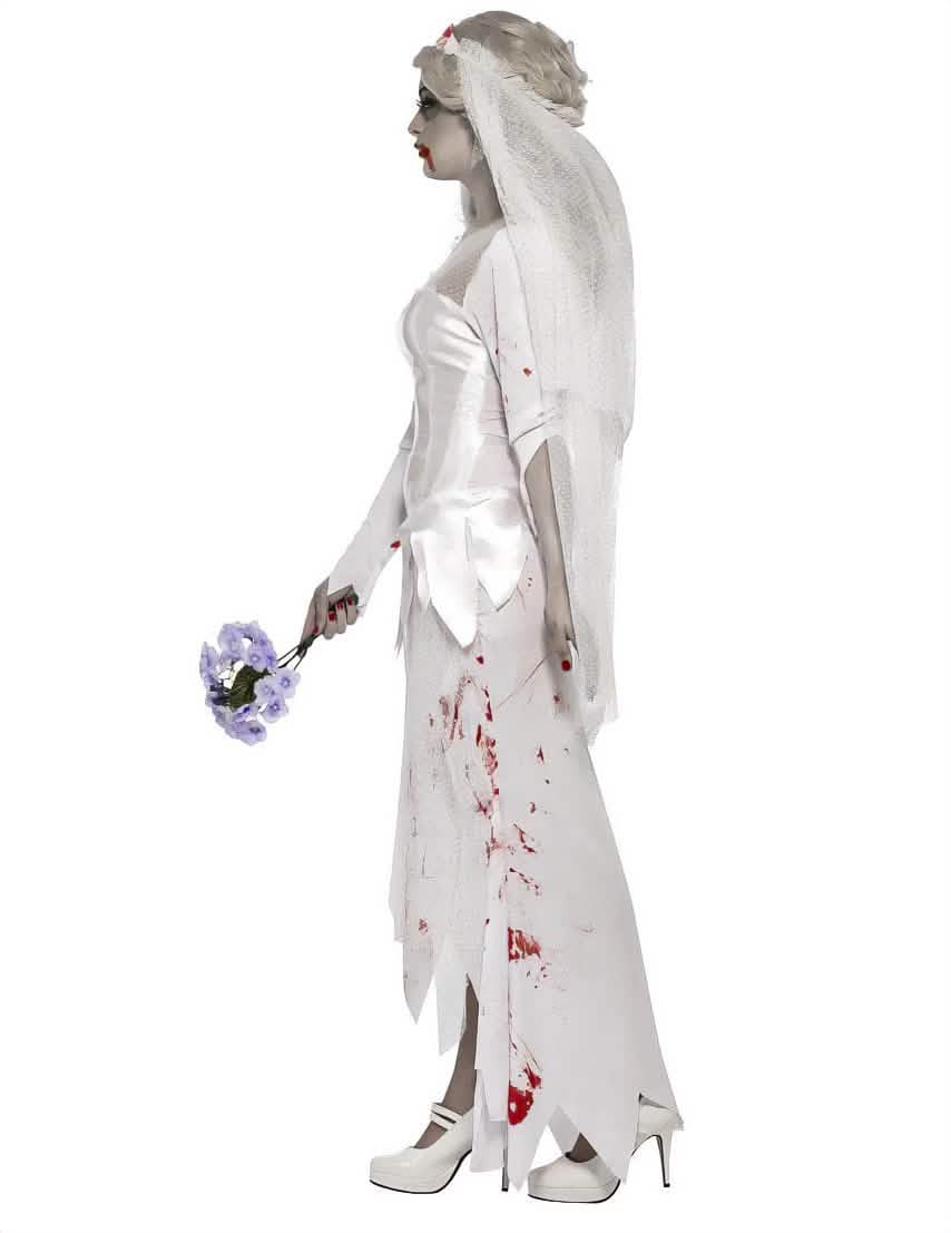 Vue de profil du déguisement de mariée zombie pour femme