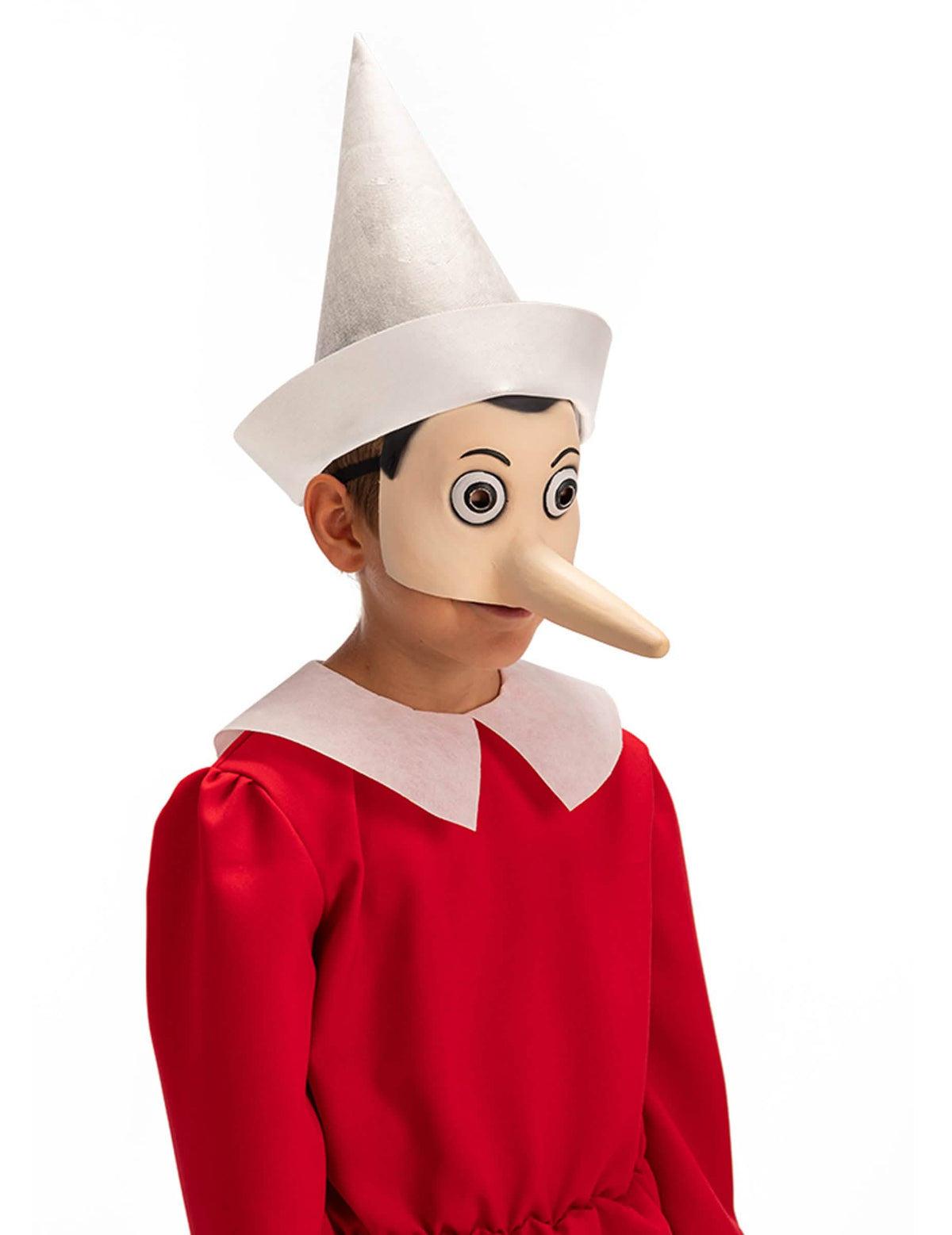 Puolinaamari lateksia Pinocchio aikuiset beige pitkällä nenällä ja valkoisella hatulla