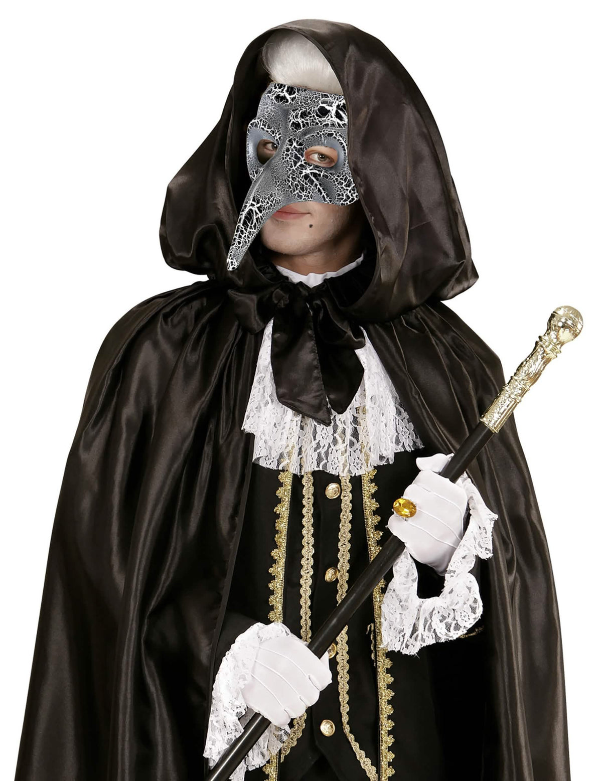 Masque porté avec une cape du demi-masque vénitien à long nez effet craquelé