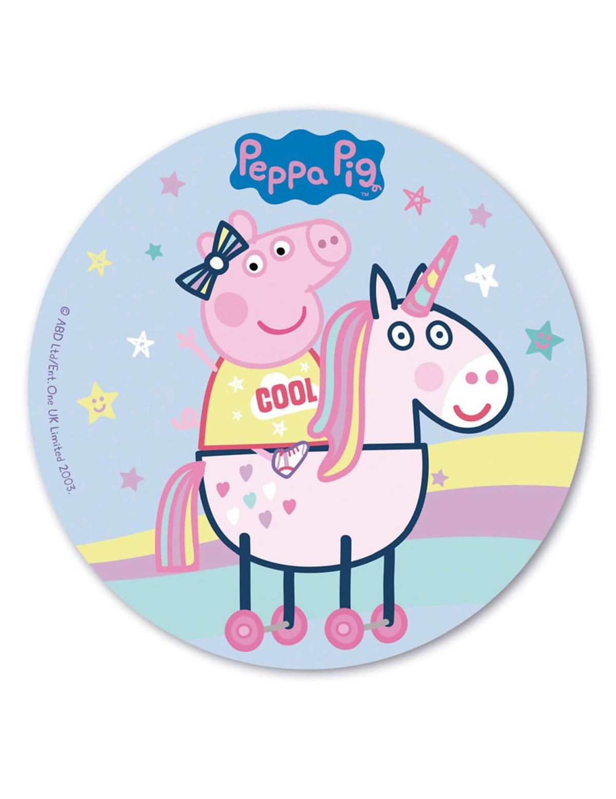 Syötävä Peppa Pig -kiekko lapsille, sininen, jossa Pipsa Possu yksisarvisen päällä ja sateenkaari