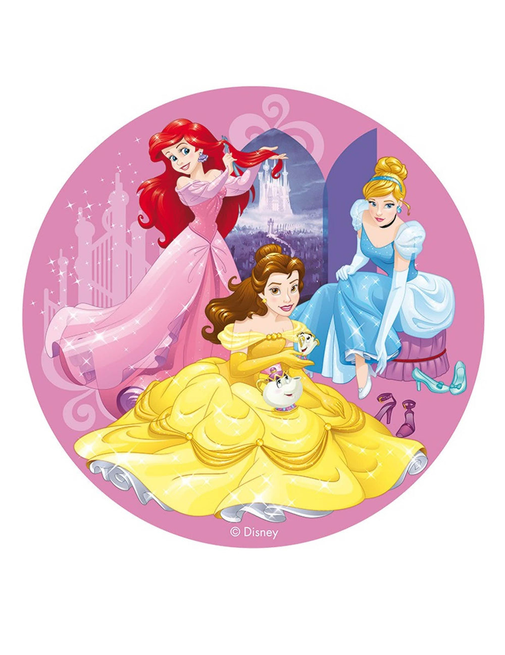 Syötävä paperikiekko Disney prinsessat vaaleanpunainen Arielin, bella:n ja Tuhkimon kanssa