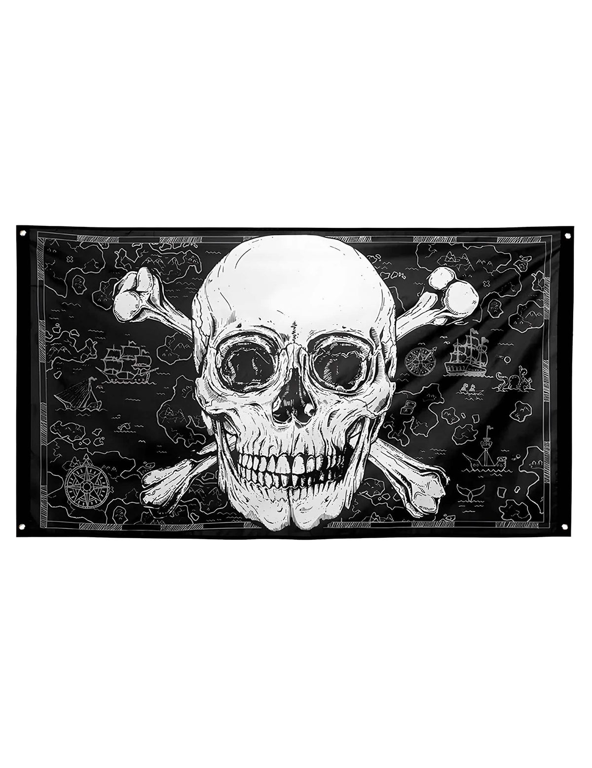 Mustavalkoinen Jolly Roger -merirosvolippu koristeluun aarrekarttakuvioilla