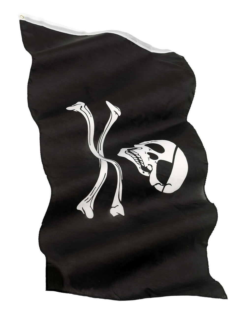 Drapeau pirate noir avec tête de mort de profil et os blancs