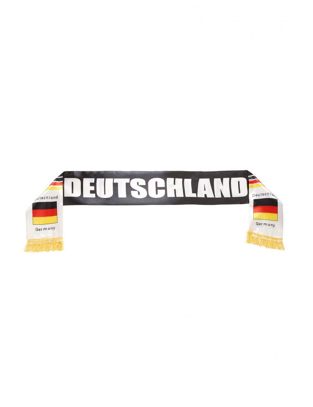 Huivi saksa aikuisille musta, jossa on teksti Deutschland ja keltaiset hapsut