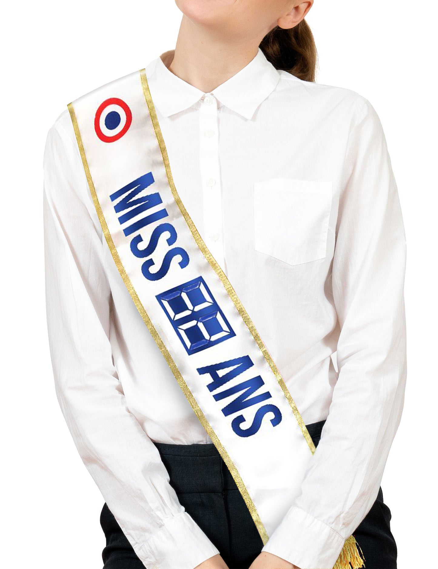 Détail du texte de l'écharpe de miss personnalisable anniversaire