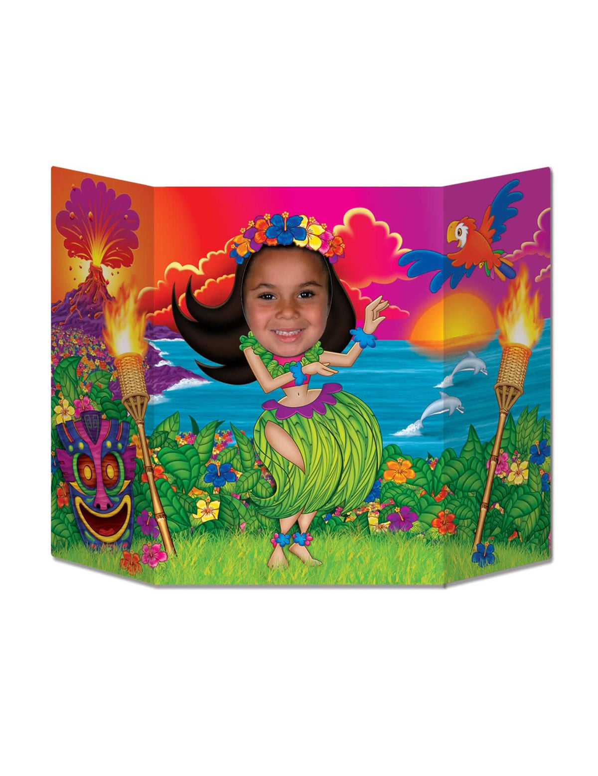 Passe tête en carton Hula Girl Hawaï pour enfant multicolore avec décor tropical
