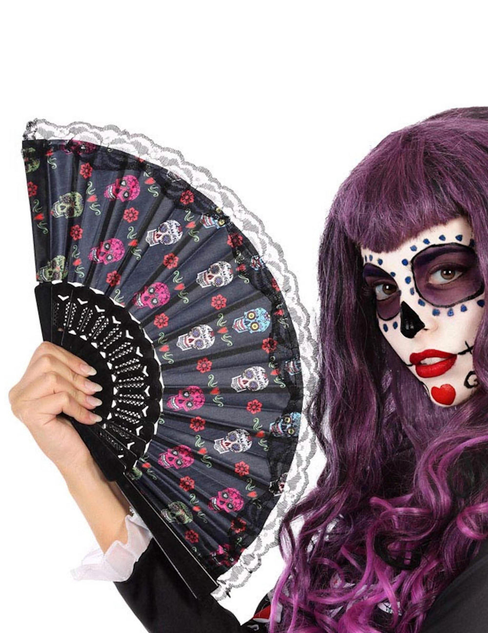 pitsireunainen dìa de los muertos -viuhka aikuiset musta, jossa on värikkäitä pääkallokuvioita