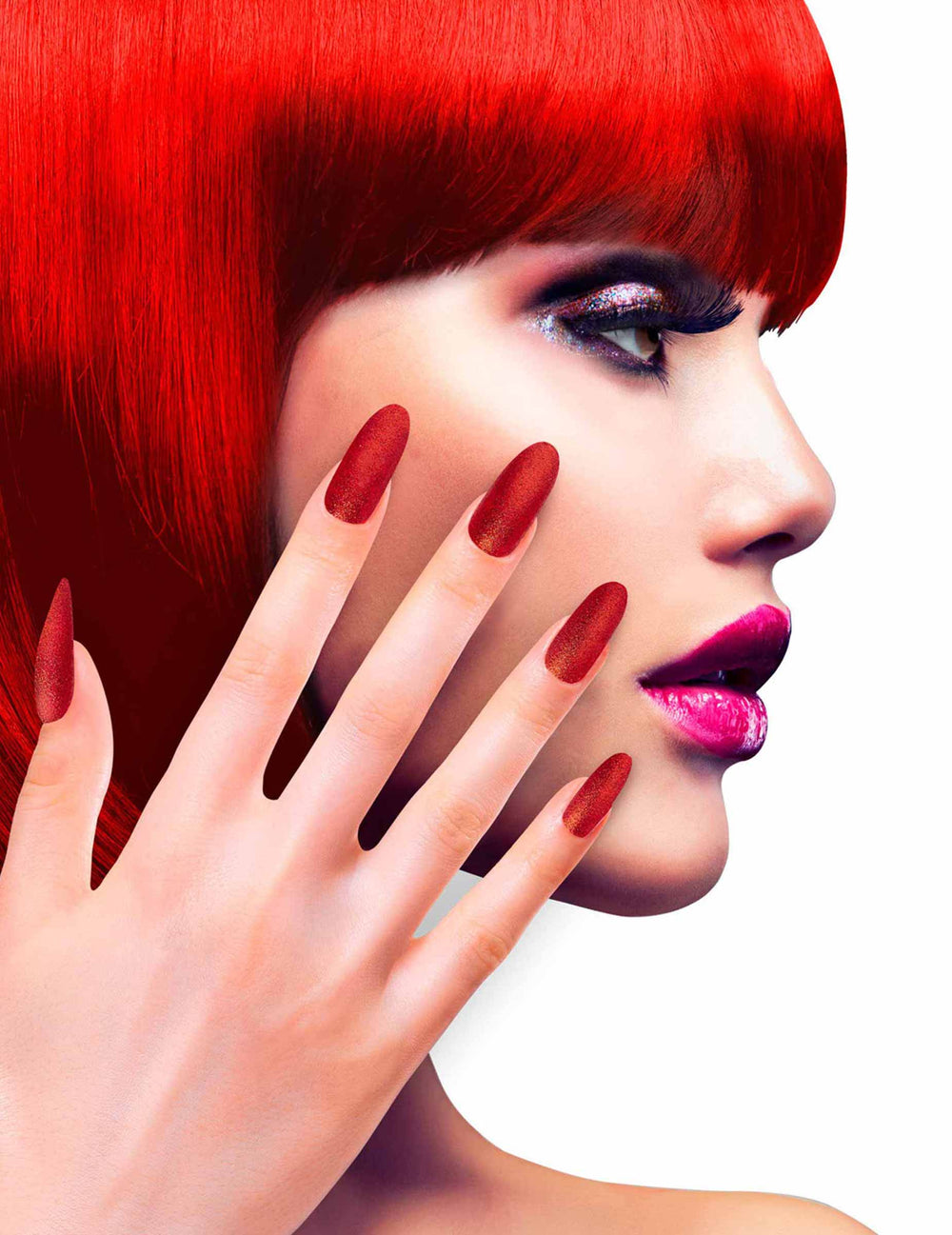 Faux ongles adhésifs pour adulte rouge pailletés longs