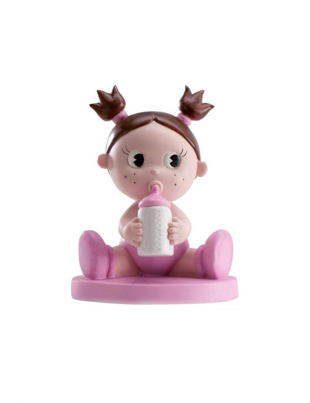 Figurine en résine fille avec biberon pour baby shower rose