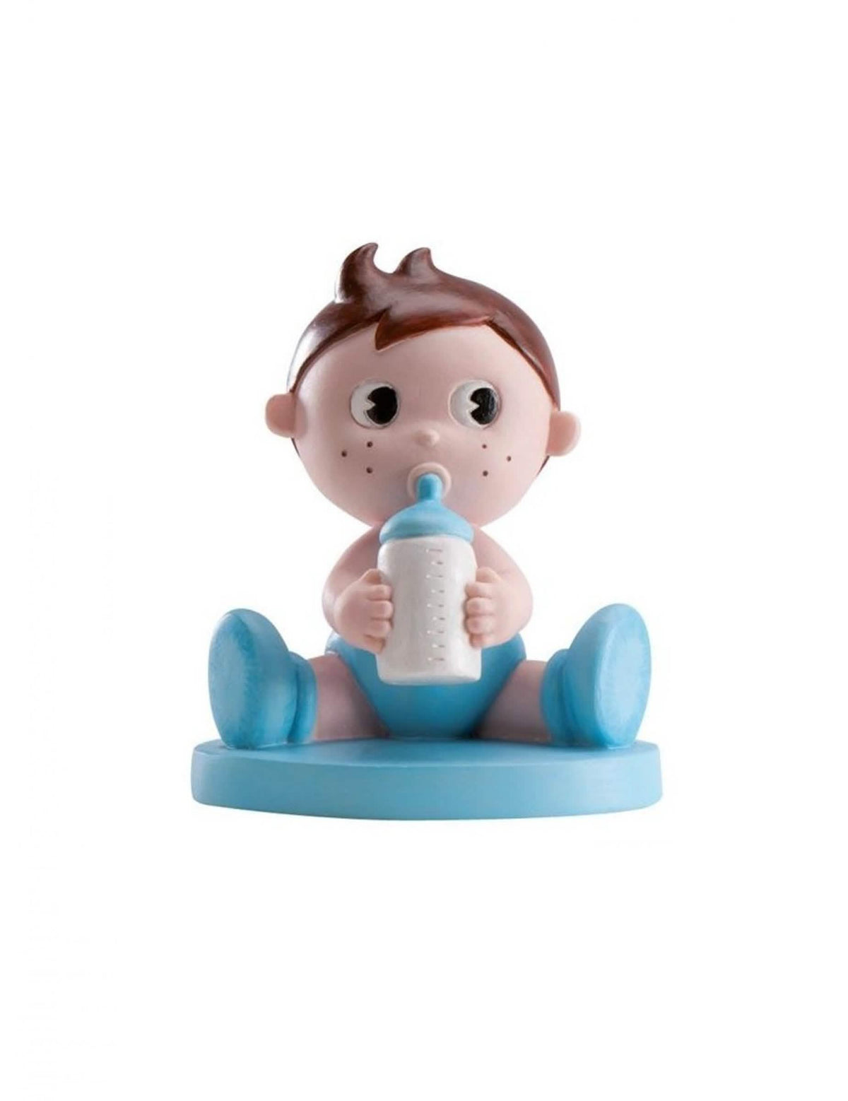 Figurine en résine garçon avec biberon pour baby shower bleu