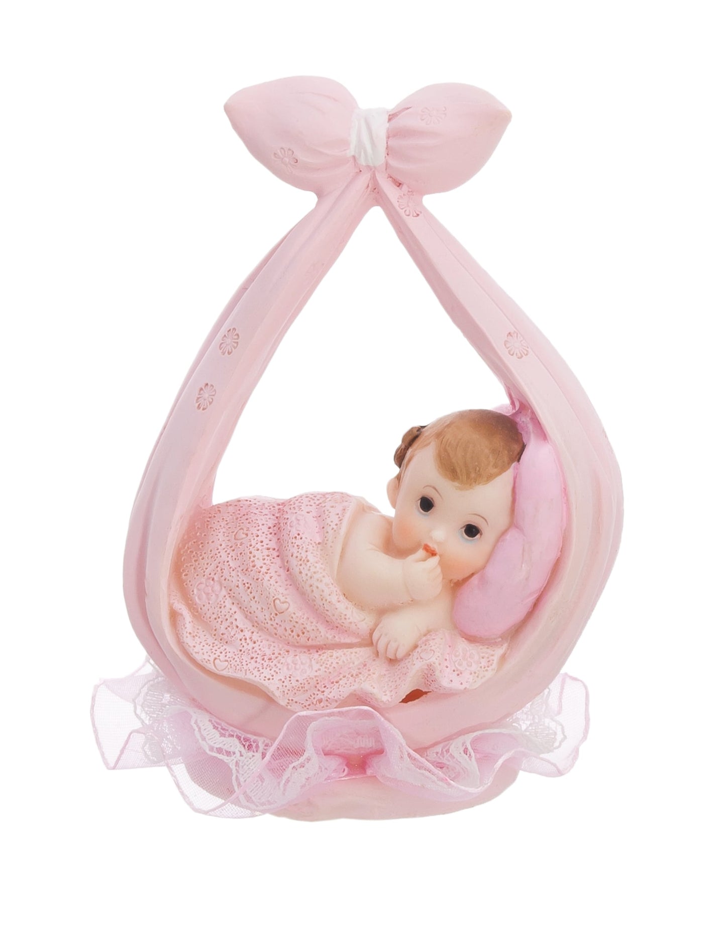 Figurine petite fille dans une écharpe pour baptême rose