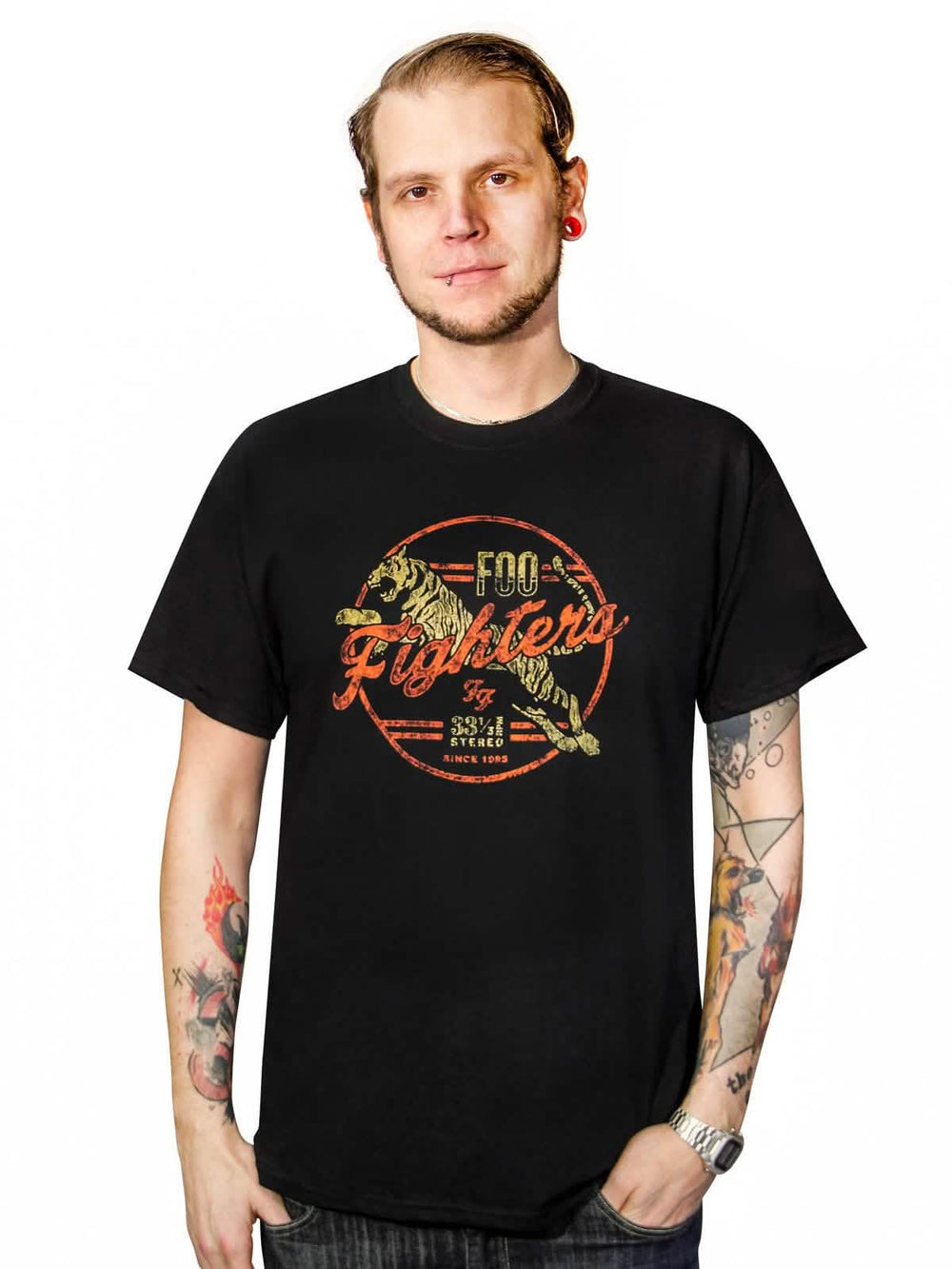 T-shirt Foo Fighters Tiger pour homme noir avec logo rouge et jaune