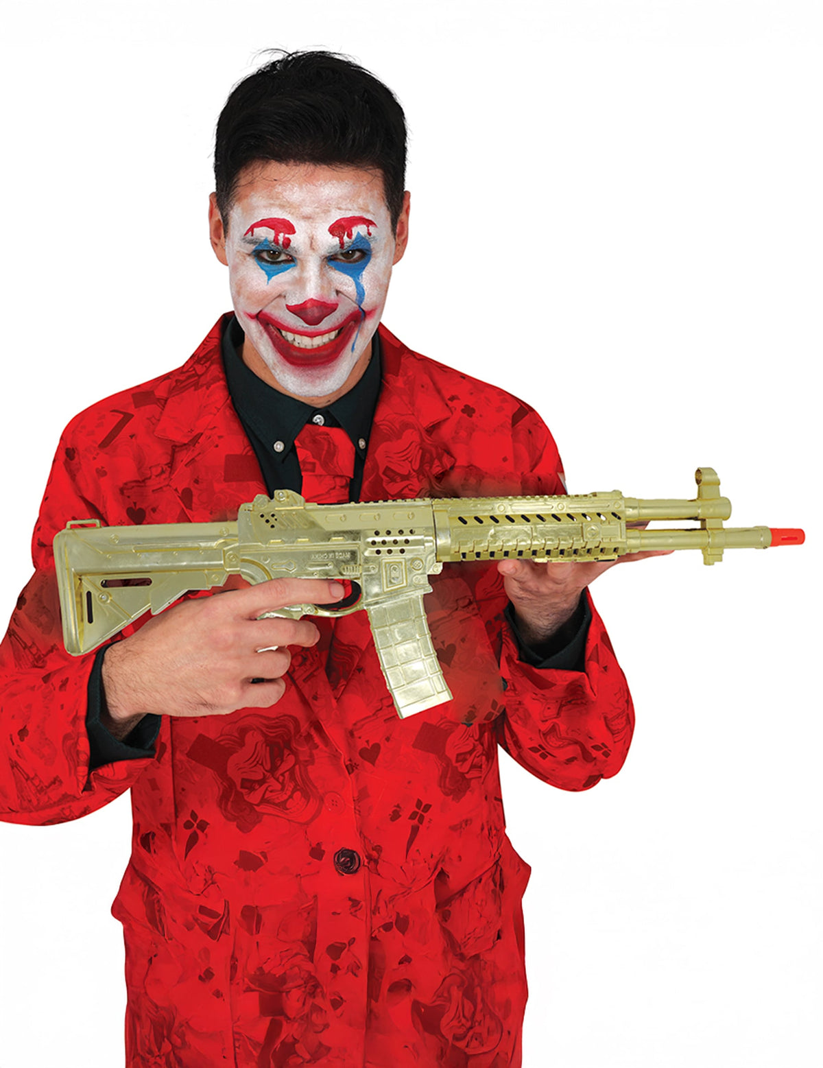 Mise en situation du fusil d'assaut factice pour adulte doré