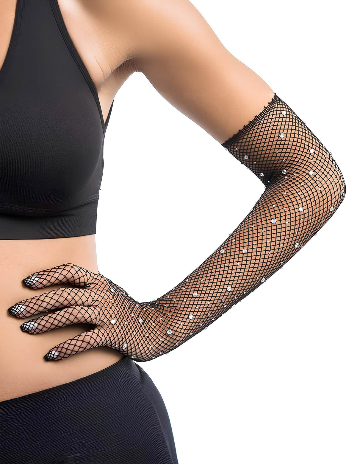 Vue détaillée de la maille des gants résille longs à strass