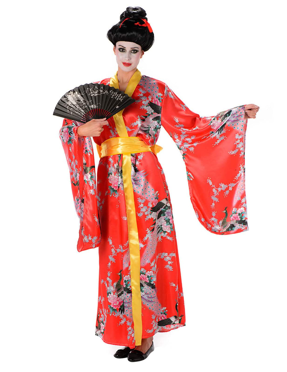 Eventail noir illustré tenu devant le déguisement de Geisha pour femme