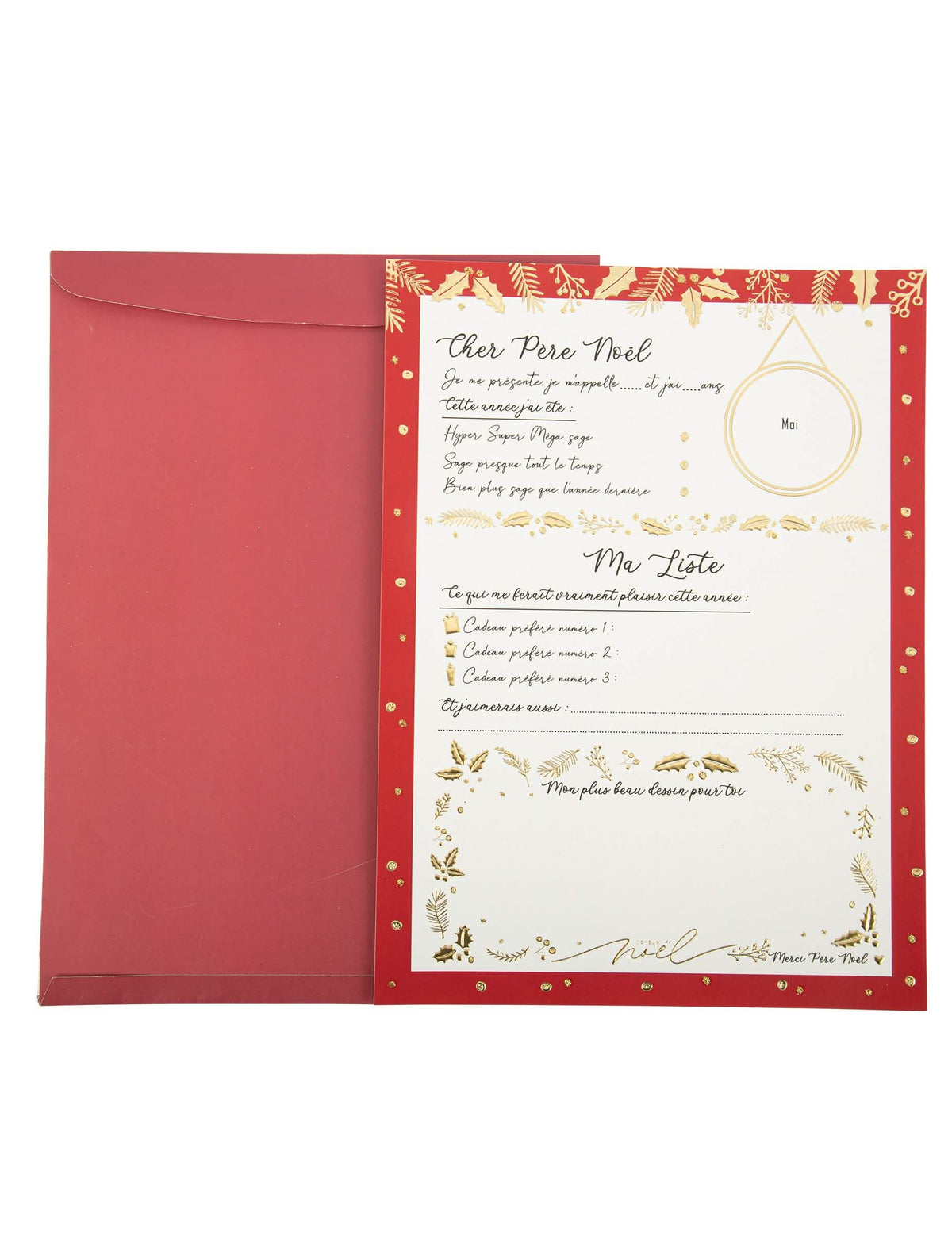 Grande lettre au Père-Noël avec enveloppe Holly Christmas rouge et dorée à remplir