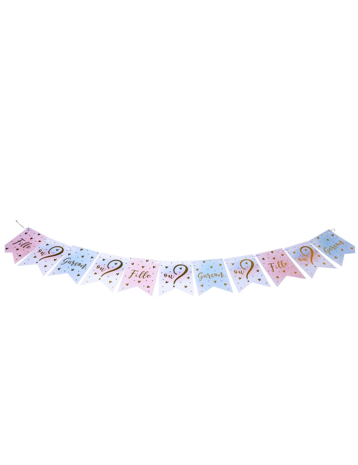 Vue d'ensemble de la guirlande 11 fanions fille ou garçon pour gender reveal rose bleu et or