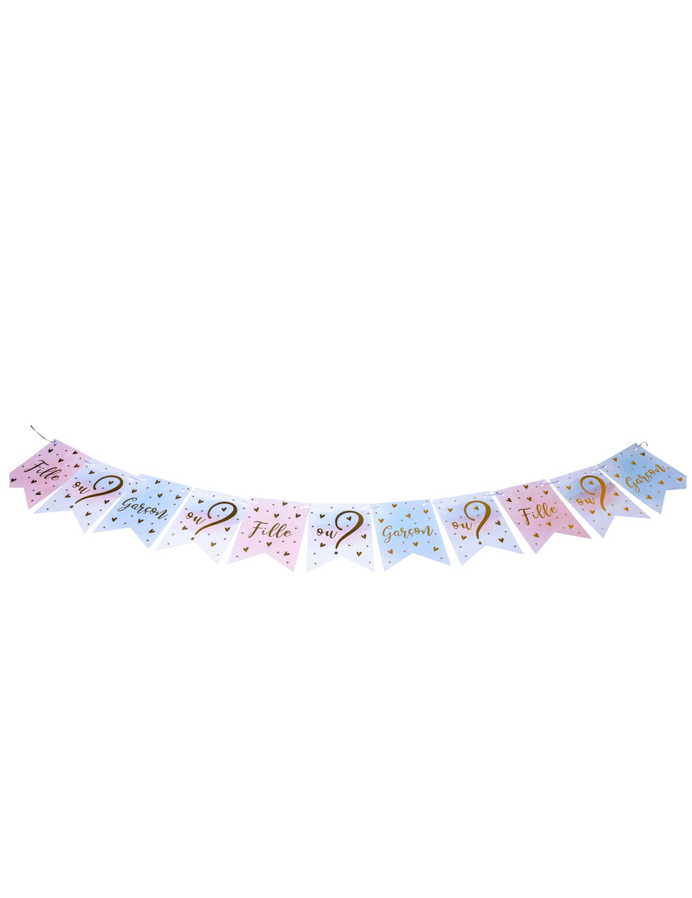 Vue d'ensemble de la guirlande 11 fanions fille ou garçon pour gender reveal rose bleu et or