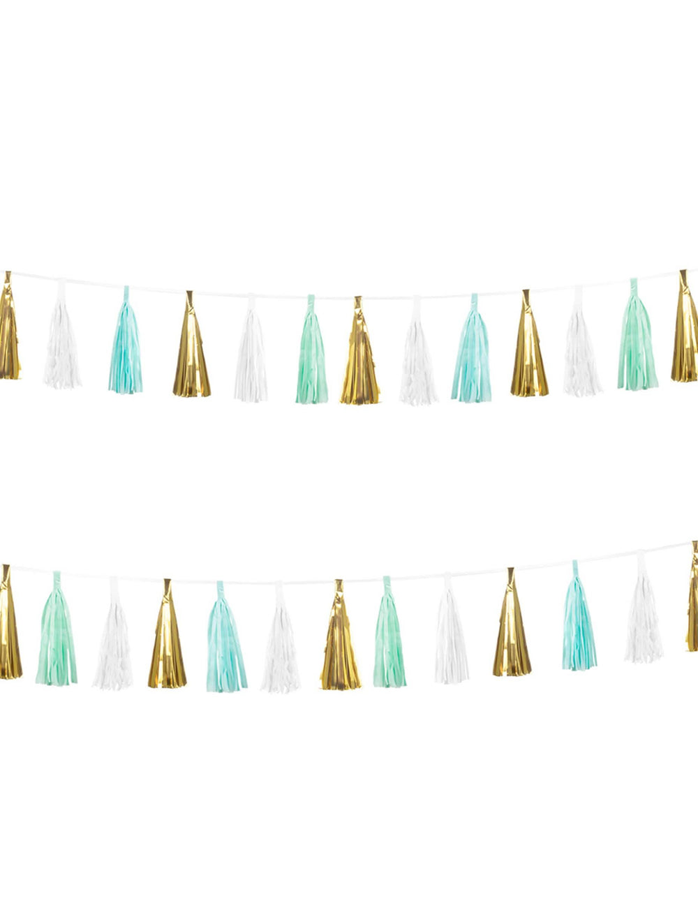 Mise en situation lors d'un anniversaire de la guirlande à pompons 18 tassels pour décoration turquoise, blanc et doré