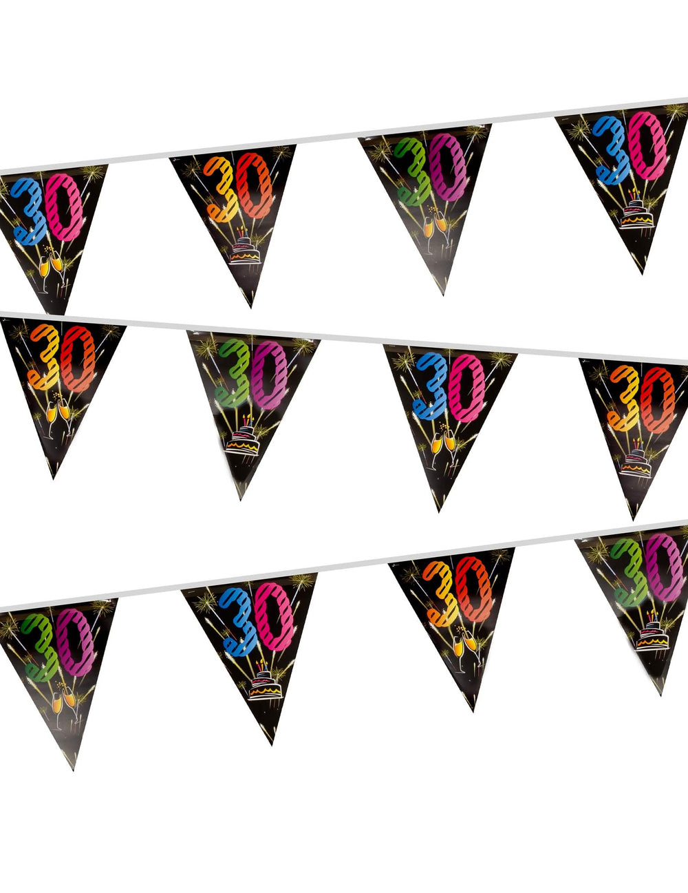 Guirlande 20 fanions en plastique 30 ans feux d'artifice pour anniversaire noir et multicolore 7 m