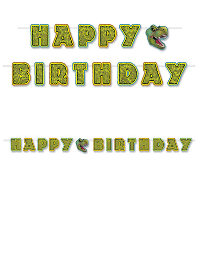 Guirlande à assembler Happy Birthday thème Dinosaures vert et jaune avec tête de T-Rex