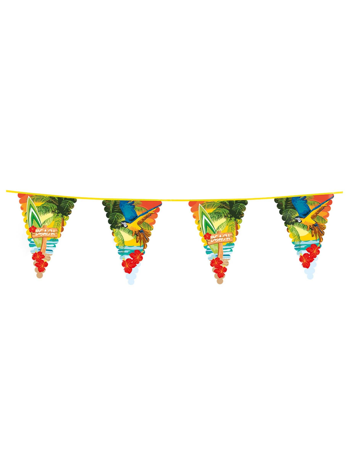 Guirlande à fanions Beach party pour fête multicolore avec motifs perroquets et surf