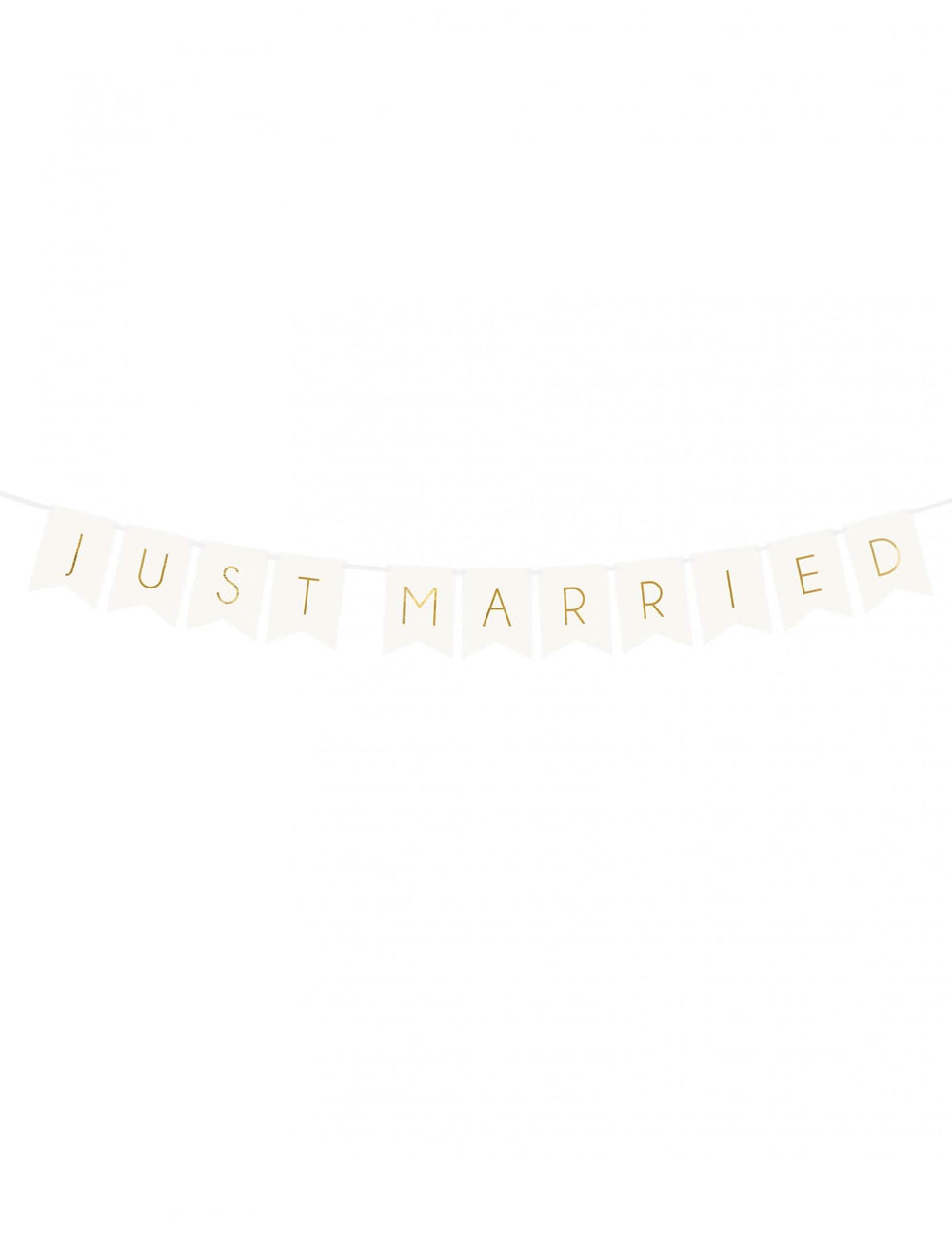 Guirlande à fanions Just Married pour mariage blanc et or en carton