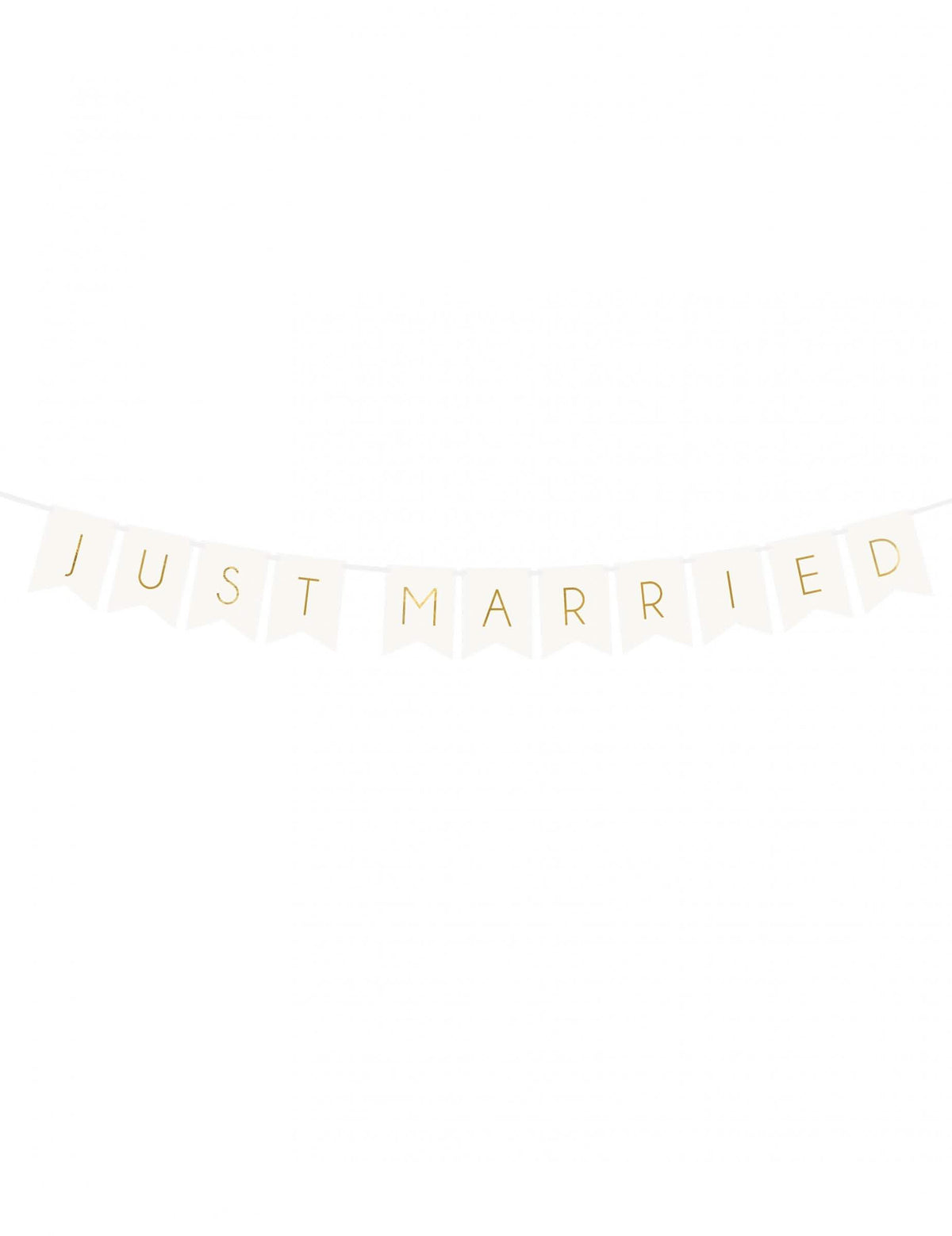 Guirlande à fanions Just Married pour mariage blanc et or en carton